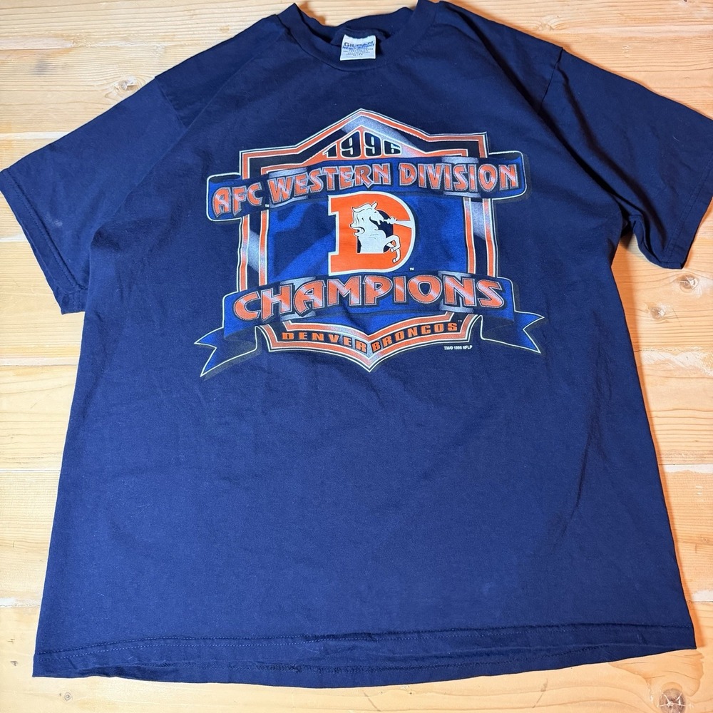 Vintage Denver Broncos 1996 AFC Champs Tee‎ Blue T-Shirt Short Sleeve Size XL